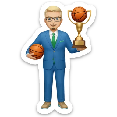 Full Body white male plus size wearing glasses with a goatee with light blonde and gray very short hair happy basketball head Coach in blue and green suit holding trophy sticker