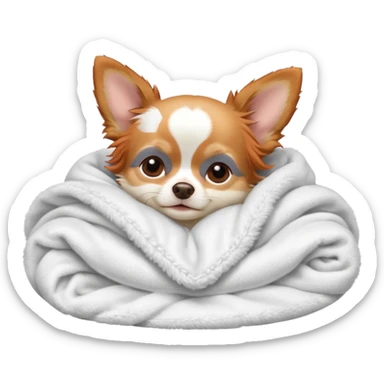 Long haired chihuahua, beige/redhaired, pale head, with white chest and white socks, head without white, sleeping cutely under blanket sticker