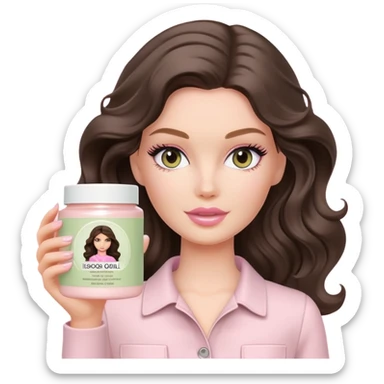 A white Barbie girl with long dark brown wavy hair in pale olive clothes holds Pale pink body moisturizer cream pot with label sticker