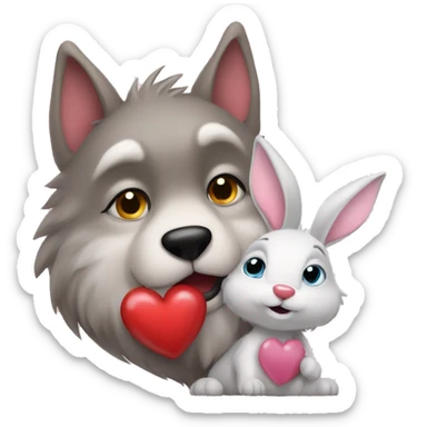 Old big Wolf kisses a white little Bunny who has pink ears, with big red heart between them sticker