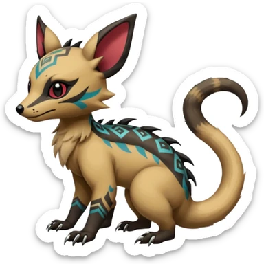 Rare warm-colored exotic cute epic aesthetic gothic colorful Salandit-Eevee-Civet-species-Fakemon-hybrid-creature, with tribal tattoo markings, full body sticker