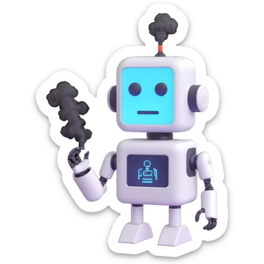 a robot with smoke coming out of its head, error messages on screen, symbolizing an AI malfunction sticker