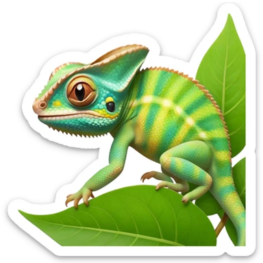 cinematic cute-smiling baby chameleon-realistic emoji,-blending-with-vibrant-greenery.-detailed-scales-in-shifting-colors,-showing-the-chameleon’s-ability-to-camouflage.-soft-natural-light-highlights-its-texture.-light-background, zoomed into its face sticker
