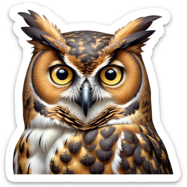 Cinematic Deep Thought Great Horned Owl Portrait Emoji, Head held high with a calm, reflective gaze, showcasing a beautifully mottled plumage and piercing golden eyes that seem to ponder the mysteries of the night, Simplified yet majestically refined features, highly detailed, glowing with a soft, contemplative light, high shine, poised and thoughtful, stylized with an air of profound introspection, capturing the essence of an owl deeply engaged in thought, so thoughtful it feels like it could silently share timeless secrets from beyond the screen! sticker
