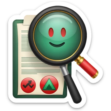 Create a clean emoji-style icon representing “Challenge Review”.Include a document with a red warning symbol, a magnifying glass overlay ,magnifying glass of dark green color and a small refresh arrow. sticker