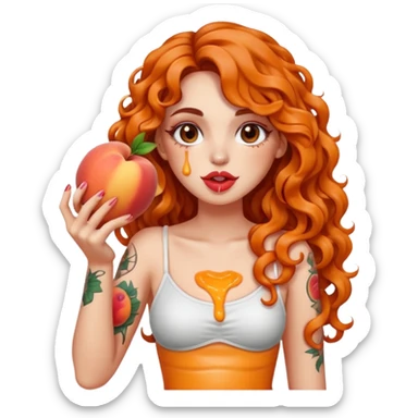full body woman long curly brown hair brown eyes white skin tattoos holding sliced peach near lips, juice dripping on fingers, playful look sticker
