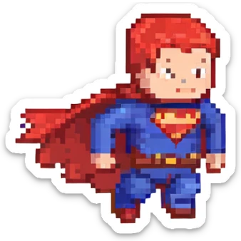 Superman small and blocky, red cape and blue suit, mid-flight, pixel art style sticker