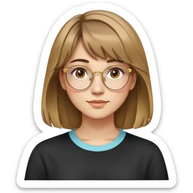 young adult woman with light skin, friendly and serene expression, round face with prominent cheeks, light brown hair with golden highlights, voluminous and straight with slight waves, long bangs over eyebrows, large octagonal glasses with thin golden or light pink frame, casual dark shirt sticker