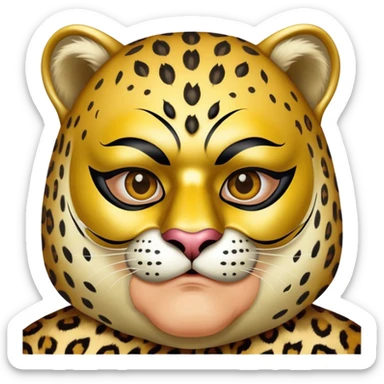 a fat old man, with a leopard suit,  wear half-face golden Leopard masquerade mask sticker