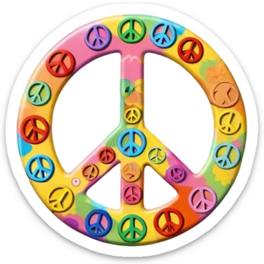 A round hippie colored button with a peace sign in the center sticker