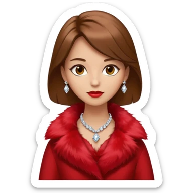 * Character: A stylish lady,brown hair
* ﻿﻿Clothing: A luxurious red fur coat
* ﻿﻿Accessories: A dazzling diamond necklace
* ﻿﻿Expression: Confident, elegant, maybe slightly glamorous
* ﻿﻿Pose: Head slightly tilted or a poised posture
* ﻿﻿Style: Emoji-like, simple but expressive sticker