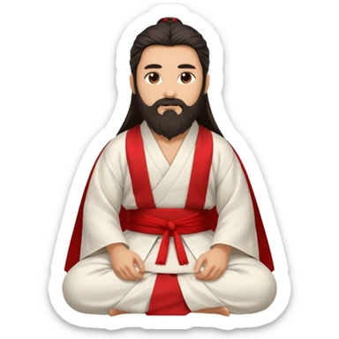 Beautiful man with lightly tan skin and dark long beard, long hair, in white and red Hanfu sitting on the ground sticker
