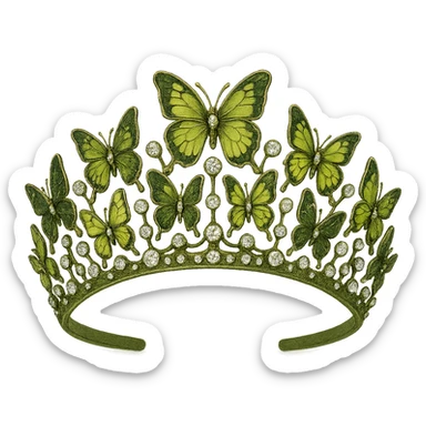 butterfly crown with a sage green base, butterflies in olive and lime green enamel, sparkling gems sticker