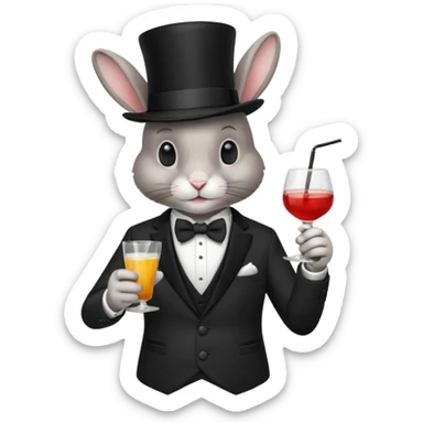 rabbit wearing suit, bowtie and top hat, holding glass of drink sticker