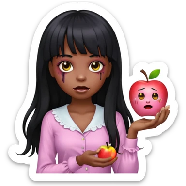 emoji apple light skinned black zombie girl with long black hair and bangs with a light pink blouse  sticker