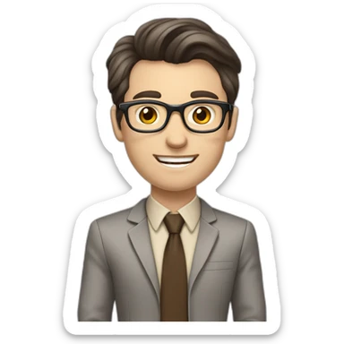 Pale skinned fit man with dark brown hair in gray jacket, beige office shirt, brown tie, brown pants and vintage glasses Writing on the flipchart sticker