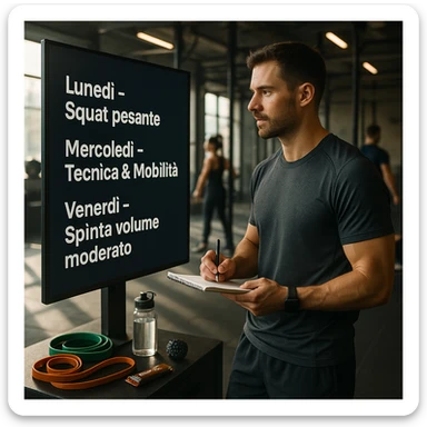 Sporty 30-year-old man in a modern gym, near a digital screen with a weekly plan in Italian: 'Lunedì – Squat pesante', 'Mercoledì – Tecnica & Mobilità', 'Venerdì – Spinta volume moderato'. He looks at the plan with concentration, wearing technical sportswear, holding a pen and notebook. Around him: resistance bands, mobility tools, water bottle, protein bar. Relaxed and strong posture. Other athletes in the background. Natural light, fitness-lifestyle style, slightly cinematic. sticker