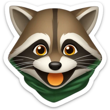 brown raccoon with orange eyes and a dark green hood that is laughing sticker