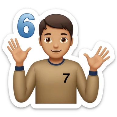 A man shrugging his shoulders with 6 abuve his left hand and 7 abuve his right sticker