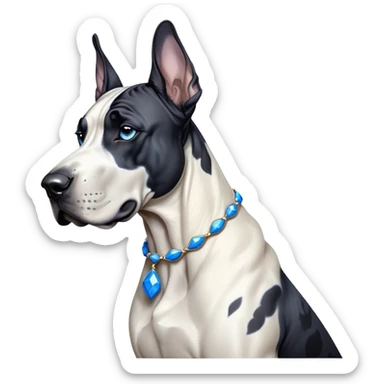 Cinematic Noble Harlequin Great Dane Portrait Emoji, Poised and regal, with a towering, muscular build and a striking coat of predominantly white with bold black patches, deep-set soulful blue eyes, Simplified yet sharp and sophisticated features, highly detailed, glowing with a soft, dignified glow, high shine, intelligent and loyal, stylized with an air of majesty, focused and attentive, soft glowing outline, capturing the essence of a watchful and confident guardian, so majestic it feels as though it could stride out of the screen with effortless authority! sticker