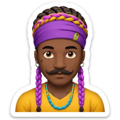 big lose braids starting from the top of the head man with mustache face wiith big visible braids and mono color headband on head  face and braids as big as headband and lots and lots of face tattoos colored tattoos like a tattoo artist hair unique color sticker