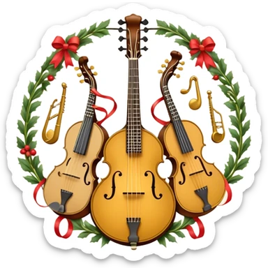 Design a complex and festive emblem-like emoji representing plucked string instruments, such as a banjo, mandolin, domra, sitar, and similar instruments. The composition should resemble a heraldic crest, with the instruments arranged symmetrically and gracefully, their necks intertwining with a flowing ribbon of musical notes. The ribbon should weave through the strings and headstocks, symbolizing the harmonious connection between the instruments. Use detailed engraving on the instrument bodies and fretboards to emphasize their craftsmanship. Incorporate rich, celebratory colors like gold, mahogany brown, deep green, and vibrant accents. Add subtle shading and light reflections to create a three-dimensional, polished look. Include ornate elements like swirls, laurel leaves, and decorative flourishes to enhance the festive and professional appearance. The background should be transparent to highlight the emblem as a standalone piece. sticker