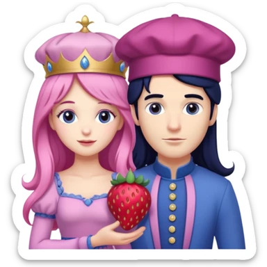 pale blueberry prince man Handsome with long black hair blueberry hat and clothes. He is standing  next to pale strawberry princess woman with strawberry hat eyelashes long pink hair and Pink strawberry dress with purple grape baby sticker