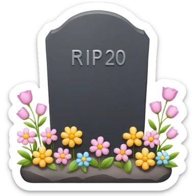 Cute emoji illustration of a tombstone with text "RIP 20’s", small flowers, ironic and playful mood, pastel colors, minimal flat emoji style, clean background, high resolution, suitable for WhatsApp profile and print sticker