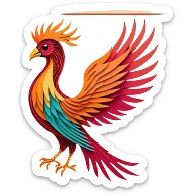 String art icon, colorful threads forming a large, intricate phoenix (firebird) design, geometric patterns, pins on a board, vibrant colors, minimalistic style, clean lines, transparent background. sticker