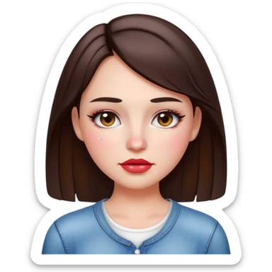“Emoji brunette girl white top, dewy skin, heavy blush across cheeks and nose bridge, glossy cherry lips, soft eyeliner, teary sparkling eyes like hanni from new jeans sticker
