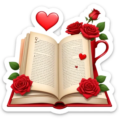 Icon for Romance Reading: an open book with a heart-shaped bookmark, surrounded by roses, a love letter, and a cup of tea, with small hearts and Cupid with bow and arrows flying out of the pages. Transparent background. sticker