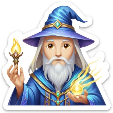 A luminescent enchanted Wizard, his ethereal presence shimmering with otherworldly energy, each detail radiating with mystical power and ancient wisdom. The image is vivid and captivating, drawing viewers into a mesmerizing realm of fantasy and magic. sticker