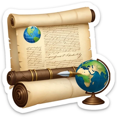 An icon featuring an ancient scroll, a quill pen, and a globe, symbolizing the study of history. The design includes a timeline with significant historical events, with ruins in the background to evoke past civilizations. Transparent background emphasizes the exploration of human history sticker