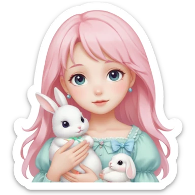 Gorgeous pastel anime style lady with blushing face and holding a bunny cottagecore fairycore pastelcore colorful pearly romantic simplistic aesthetic trending style sticker