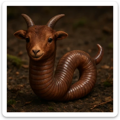 Make this goat-worm hybrid more realistic with a worm body featuring goat's horns and tail, realistic textures, and natural colors. No cartoon outlines. Render in photorealistic style. sticker