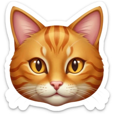 Cinematic Cute Ginger Tabby Cat Portrait Emoji, Head tilted playfully and inquisitively, sleek orange-brown fur with bold tabby stripes and a distinctive M-shaped marking on the forehead, sparkling amber eyes, Simplified yet irresistibly adorable features, highly detailed, glowing with a warm, friendly glow, high shine, affectionate and curious, stylized with a touch of whimsy, bright and endearing, soft glowing outline, capturing the essence of a mischievous yet loving kitten, so playful it feels like it could pounce out of the screen and into your arms! sticker