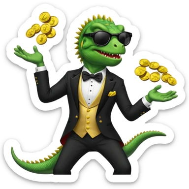 capitalist iguana banker in tuxedo and black sunglasses jongling with coins sticker