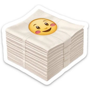 neat stack of soft white paper napkins, rectangular, smooth edges, faint embossed border, top napkin slightly lifted, soft lighting, subtle shadows, emoji scale sticker