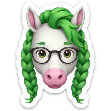braided unicorn wiith big visible braids looking into the camera spectacled green hair and no ears sticker