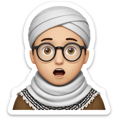 A person with light skin tone, wearing a traditional white keffiyeh with a black agal, large brown eyes, round glasses, and an open mouth showing a surprised or shocked expression. sticker