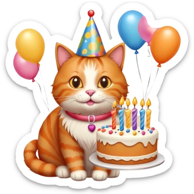 Ginger cat celebrates birthday, birthday hat, birthday cake, balloons, happy sticker