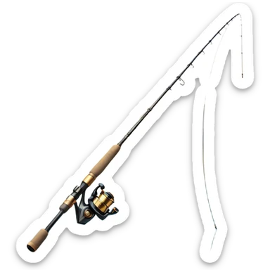 Cinematic Realistic Fishing Rod, sleek graphite rod with a smooth, polished reel, thin line disappearing into a shimmering lake, warm golden sunlight reflecting off the water, glowing with a tranquil and adventurous aura. sticker