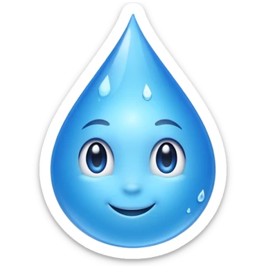 Emoji of a water droplet with a fresh, good-tasting feeling, clean and shiny, subtle sparkles or freshness lines, friendly and positive look. Simple emoji style, smooth shapes, bright blue color, transparent background. Suitable for messaging apps| sticker