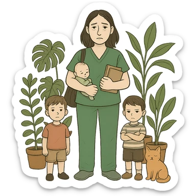 Edit the image to add two boys. The woman should be wearing Kelly green scrubs, with longer and darker hair. She should be tall and medium build, with pale skin, gray eyes, and a tired expression. Surround her with house plants and a cat. Remove the background entirely. sticker