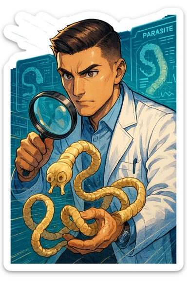 A dynamic manga/webtoon-style illustration of a young male kinesiologist wearing a clean white lab coat, analyzing light beige worms like a tapeworm under a magnifying glass. His expression is focused and slightly intrigued, with sharp, detailed eyes. The art style is vibrant, with bold linework, rich colors, and dramatic lighting. The background is a futuristic laboratory with glowing holographic screens displaying parasite data. The tapeworm is intricately drawn, slimy and segmented, with a slightly exaggerated yet realistic texture. The composition is dynamic, with motion lines or energy effects to emphasize his scientific investigation. The atmosphere is intense but not dark, keeping a balance between scientific seriousness and stylish manga aesthetics sticker