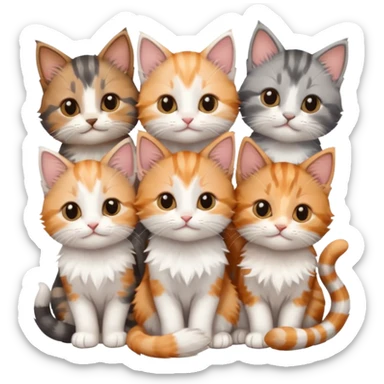 6 tiny kittens cuddling together all various different natural colours including grey and white, ginger and white, calico, grey, and brown tabby and white sticker