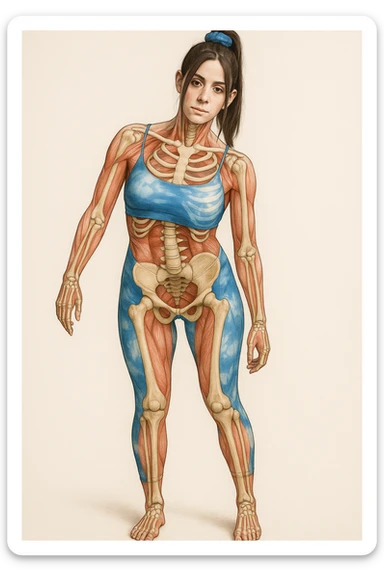 Donna in abbigliamento sportivo, postura asimmetrica, stile medico realistico, muscoli e ossa visibili, evidenzia la compressione delle coste sul lato corto, sfondo neutro, formato verticale. sticker