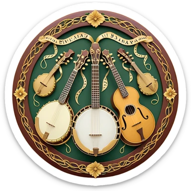 Create an intricate, festive, and emblematic emoji symbolizing plucked string instruments. The design should resemble a regal crest, featuring instruments like a banjo, mandolin, domra, sitar, and other plucked strings, arranged symmetrically in an ornate composition. Their necks and strings should elegantly intertwine with a flowing ribbon of musical notes, wrapping gracefully around the instruments. The overall shape should be grand and balanced, evoking a sense of tradition and celebration. Use a rich and refined color palette with gold, deep mahogany, and vibrant accents, adding intricate wood textures, decorative inlays, and metallic tuning pegs for a professional, polished look. The background should be transparent, making the emblem stand out as an independent artistic mark sticker