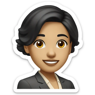 a girl with medium straight black hair, parted in the middle, slanted but not too slanted eyes, medium beige skin color smiling in a business outfit sticker