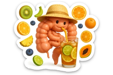 EMOJI STILE IPHONE DI INTESTINO UMANO REALISTICO CON CAPPELLO DI PAGLIA DA SPIAGGIA CHE BEVE UN Tè FREDDO IN BICCHIERE DI VETRO CON DENTRO  fette di cetriolo, limone, lime, DIETRO L'INTESTINO FLUTTUANO PEZZETTI DI Kiwi
Banana acerba
Arance e mandarini
Mirtilli
Ananas
Papaya
IPERREALISTICO 4K sticker